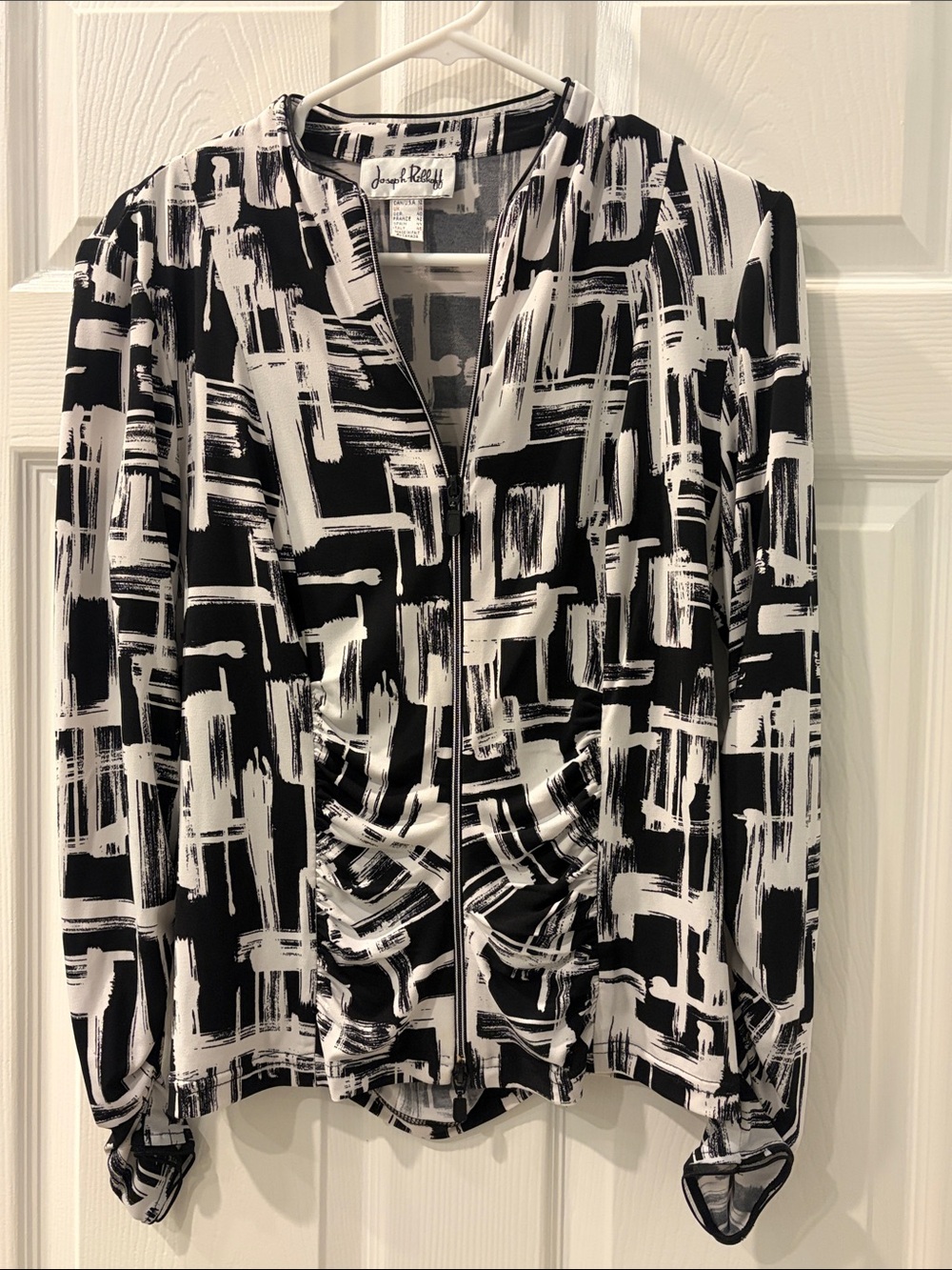 Joseph Ribkoff Black and White Brushstroke Zip Top Size 12